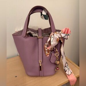 Top Grain Leather Inspired Mini Pictin Tote Bag New Lavender w/ Twilly and Charm